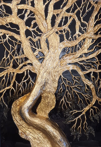 אולגה קוגן | Olga Cogan, Texture, gold leaf, acrylic paint, epoxy on canvas, 8 cm relief, 100 by 70 cm (full size) gold leaf on the edges of the canvas