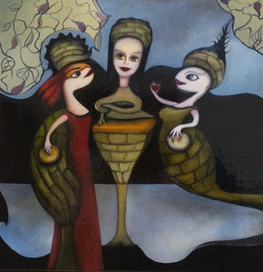 תמר גרצ'וק | Tamar Gerchuk, "The war of the sea turtle women",  oil on canvas 30 by 30 cm